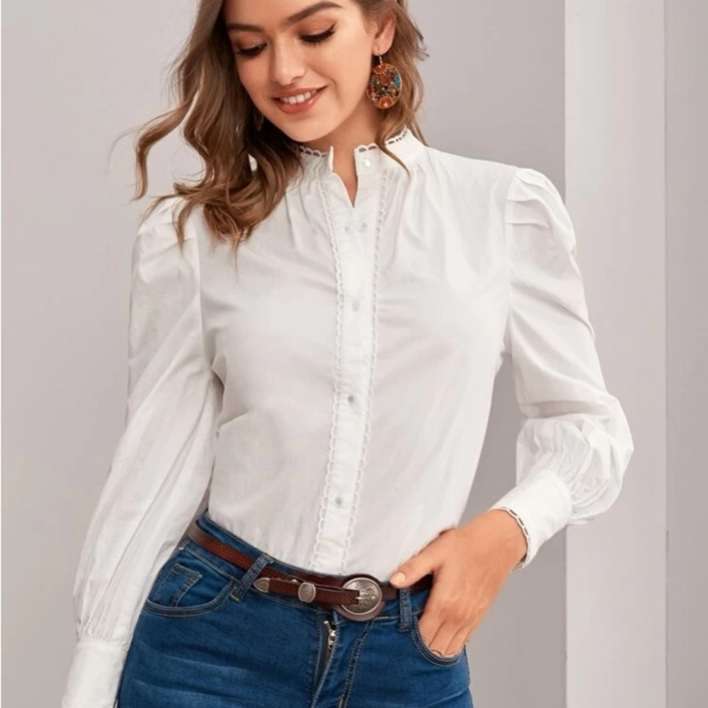 SHEIN French cotton lantern sleeve LS blouse frill edge NEW 36” bust